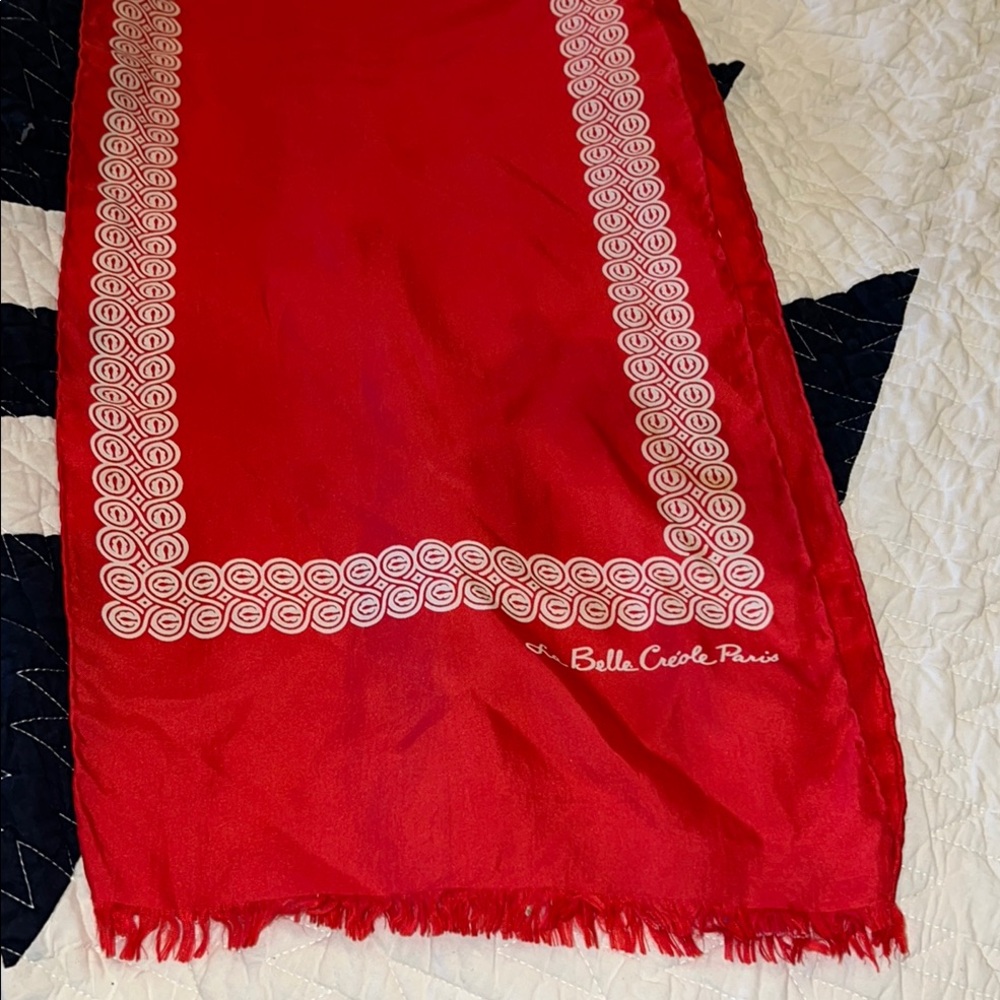 La Belle Creole Paris silk oblong Red Scarf with White Pattern 54” x 11”